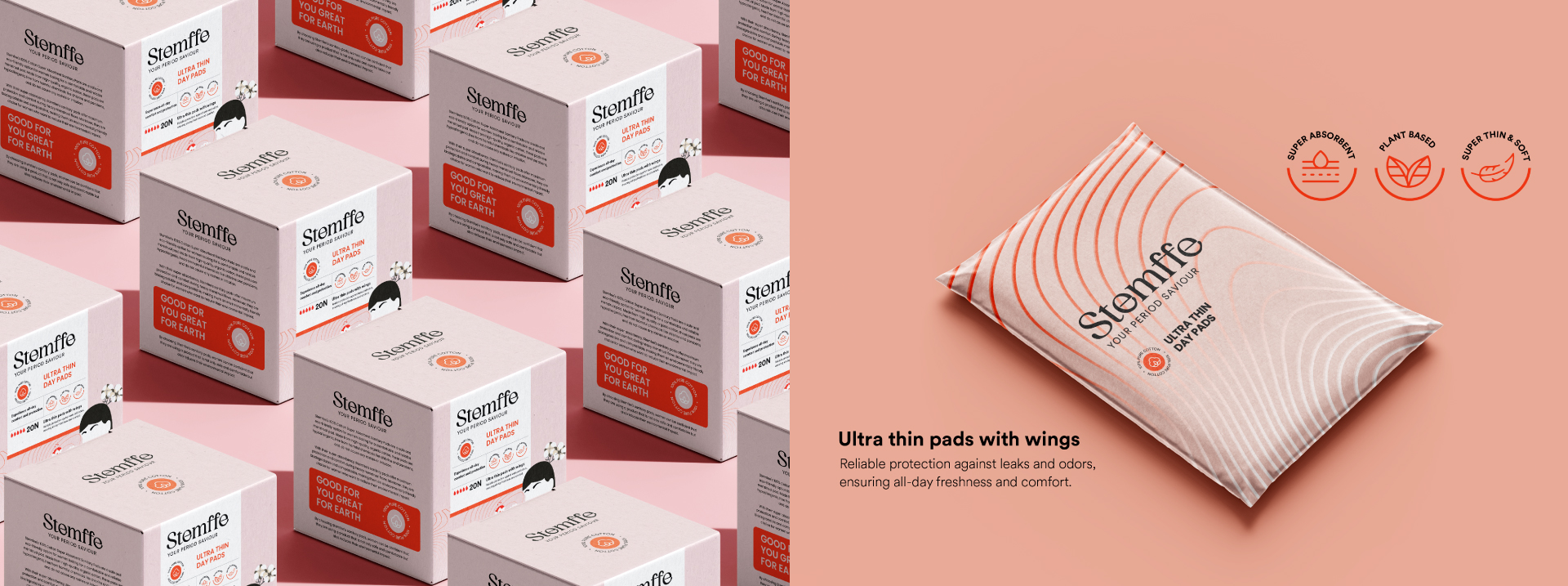 "Stemffe - A feminine hygiene brand, featuring elegant branding and packaging design by Devolv Studio.
