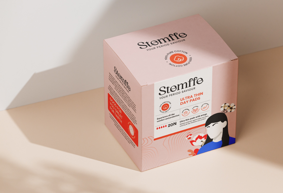 "Stemffe - A female hygiene brand. The branding and packaging design by Devolv Studio features a sleek and modern aesthetic.